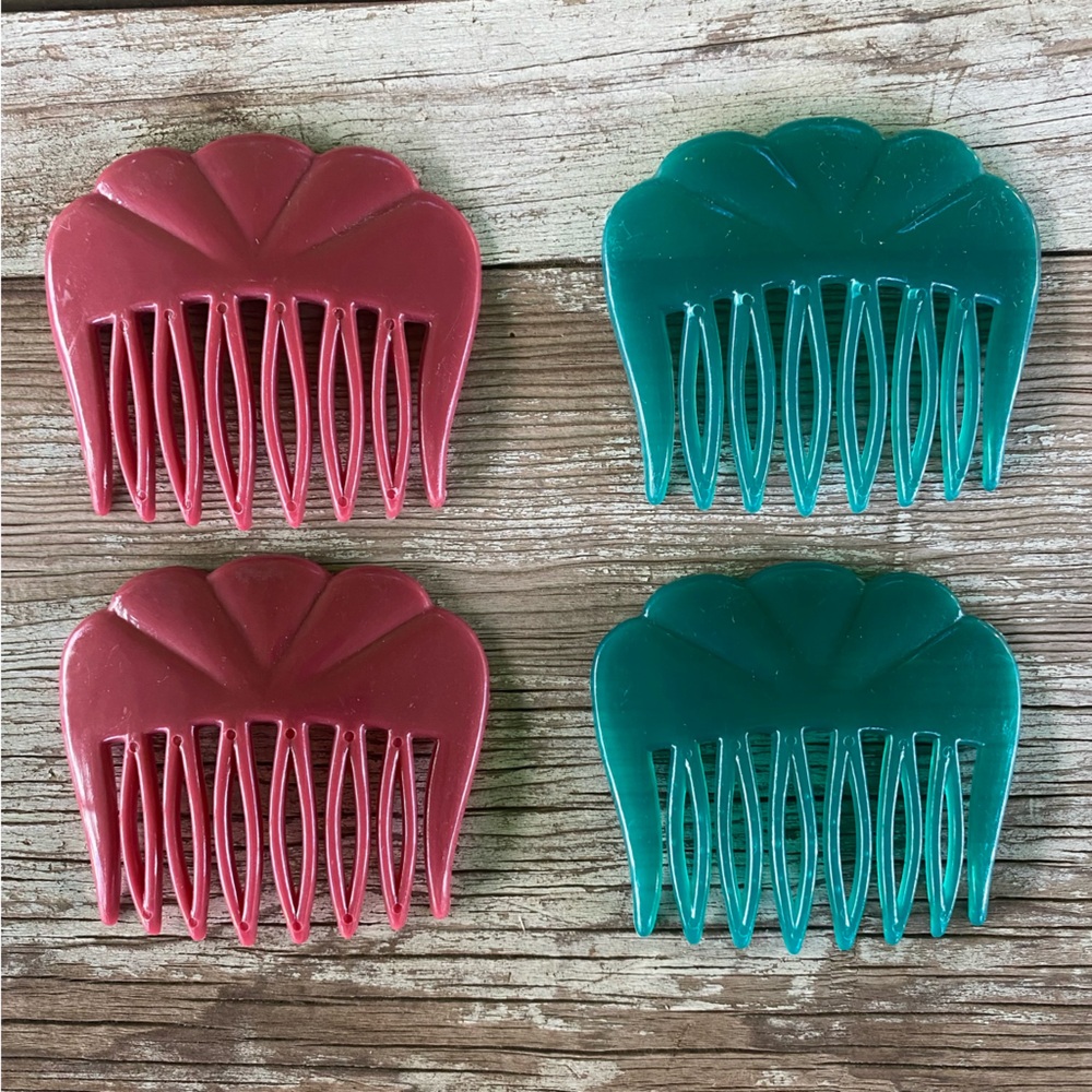 Vintage 80’s french hair combs, set of 2 hair accessories, teal and mauve, retro
